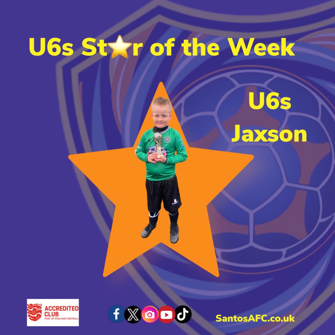 🏆 Star of the Week 🏆

#U6s - Jaxson
 
Keep up the good work 🏆

⚽️👧⚽️👦⚽️⭐️⚽️👧⚽️👦⚽️⭐️⚽️

#SantosU6s #SantosYouth #SantosAFC #u6s #football #localfootball #grassrootsfootball  #teamwork #fun #unique #nuturing #inspiringtheplayersoftomorrow #oldham #GreaterManchester
