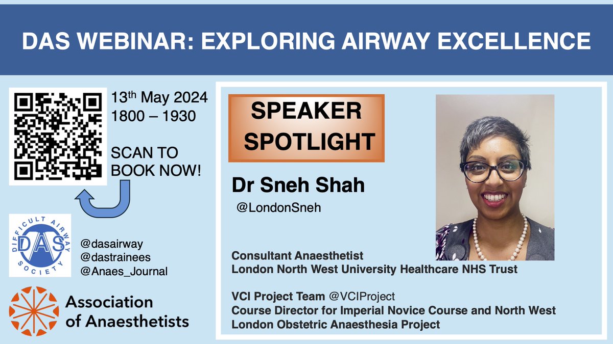 We're delighted to have Dr Sneh Shah joining our webinar panel, Consultant Anaesthetist in NW London with a special interest in Head & Neck Anaesthesia! @LondonSneh will be talking to us about videolaryngoscopy scoring Have you booked yet?👉bookcpd.com/course/Anaesth…