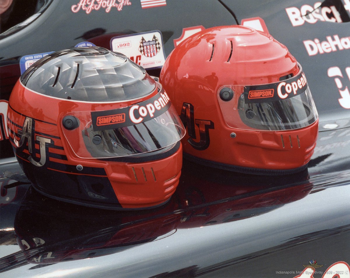 @IMSMuseum @AJFoytRacing ran the black and orange helmet in his last 500 mile race in 1992.  He practiced all month in his traditional a coyote orange helmet, but ran the one on the left on race day.  I really would love to find the painter and do a replica of this. Image from IMS photos.