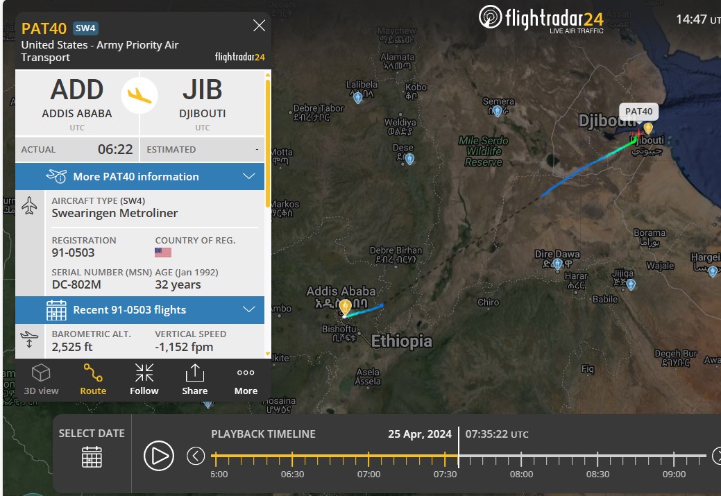 Laurent_Le_Bloa's tweet photo. US Priority Air Transport SWEARINGER METROLINER #PAT40 flew on morning fm #Djibouti to #AddisAbaba
returned again to #Ethiopia as #PAT41
US delegation in Ethiopia?
@WAAT_Band @Abdi678 @Somaliland31 https://t.co/w7Y2tlJ9Y2