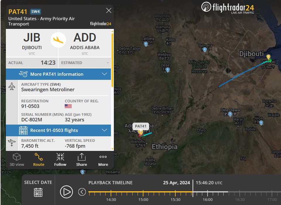 Laurent_Le_Bloa's tweet photo. US Priority Air Transport SWEARINGER METROLINER #PAT40 flew on morning fm #Djibouti to #AddisAbaba
returned again to #Ethiopia as #PAT41
US delegation in Ethiopia?
@WAAT_Band @Abdi678 @Somaliland31 https://t.co/w7Y2tlJ9Y2
