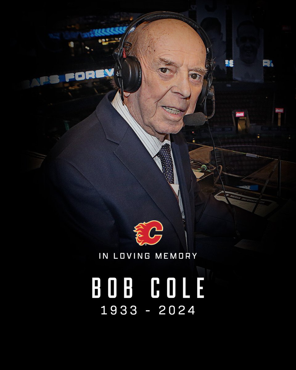 NHLFlames's tweet image. We join the hockey world in mourning the loss of Bob Cole.

Bob was the voice of hockey, his calls forever ingrained in the memories of those who listened to him every Saturday night ❤️ Canadians were so privileged to have Bob on the call for decades.

Rest in peace.