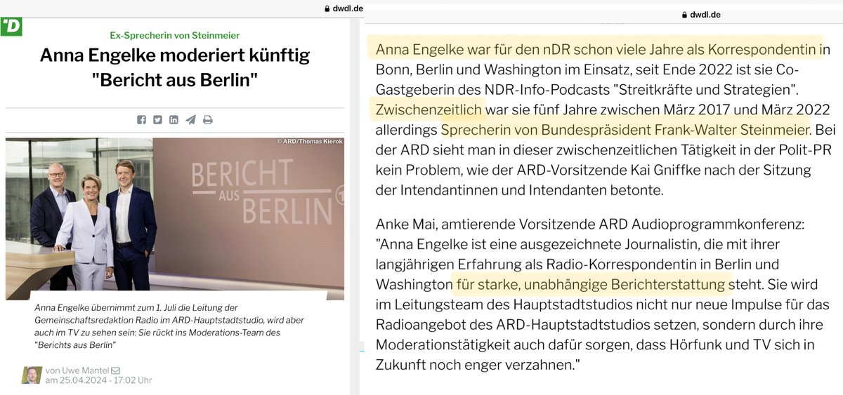 @OERRBlog Vom ARD-Sender NDR als zum Bundespräsidenten als dessen persönliche Sprecherin. Und von dort wieder zurück zur ARD. Dort steht sie nun „für starke, unabhängige Berichterstattung“.