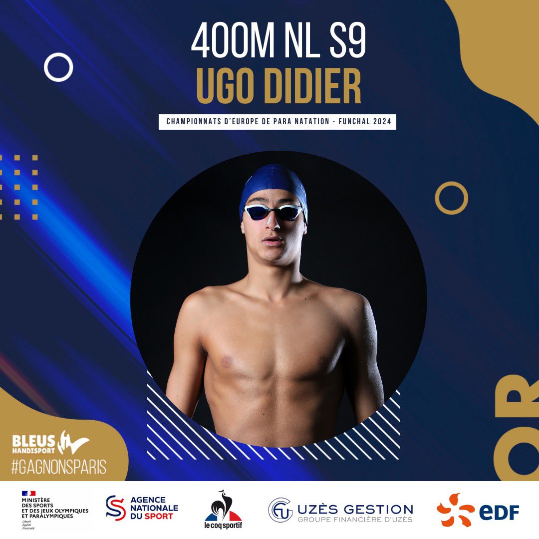 🥇🥈🥇𝐔𝐆𝐎 𝐃𝐈𝐃𝐈𝐄𝐑 𝐑𝐄𝐂̧𝐔 𝟑/𝟑 Une belle semaine qui se poursuit pour Ugo Didier ! Il offre une troisième marseillaise au clan tricolore sur le 400m NL S9 en établissant son meilleur chrono de la saison (4:16.94). #BleusHandisport 🇫🇷 #GagnonsParis