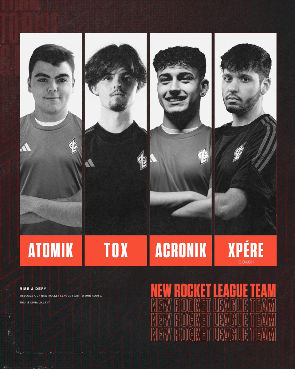 Introducing Our International Rocket League Roster: 

🇵🇹 @AcroniK 
🇪🇸 @LTK_AtomiK 
🇩🇪 @Tox_RL 
🧑‍🏫 @Xpere_ 

Action starts tomorrow 😈

#RiseAndDefy