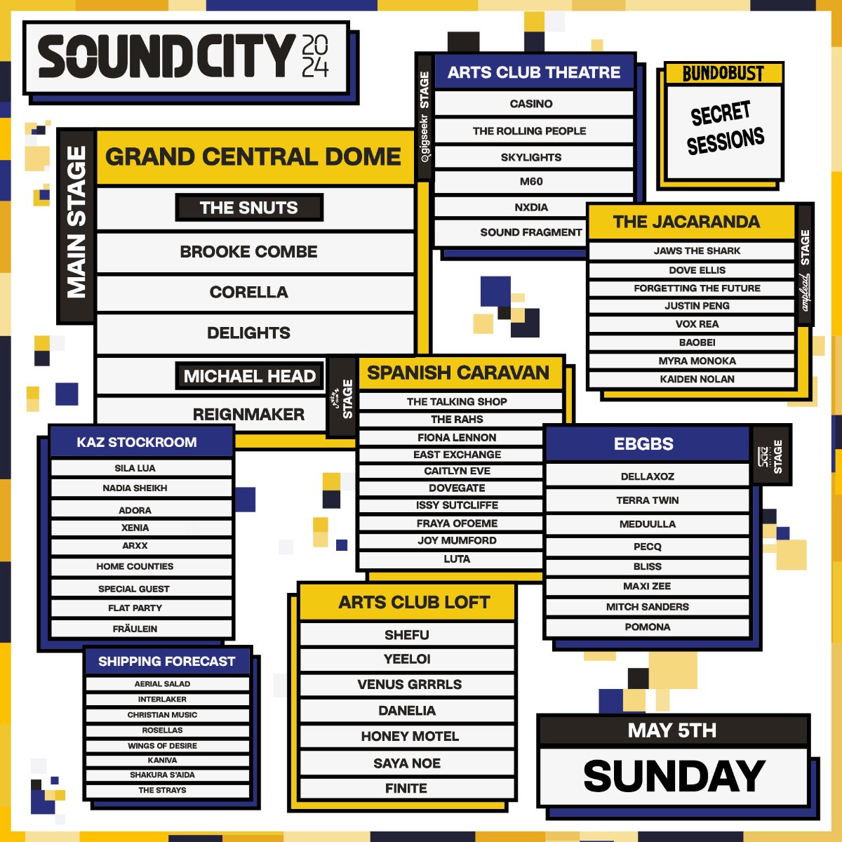 BONG BONG! 📢 Liverpool @SoundCity reveal stage splits for May 4/5 weekender. Saturday includes: @flowerovlove, @decobanduk, @TheKairos1, @Seb_lowe_music and @keysideliv. Sunday features: @michaelheadtreb, @TheSnuts, @brookecombe, @TRPofficial, @Corellamusic and @delightsband_.