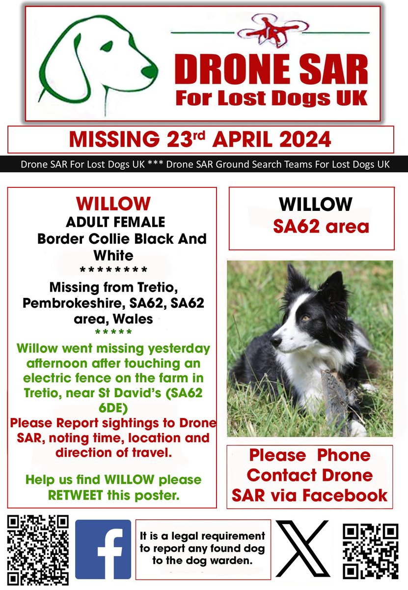 #LostDog #Alert WILLOW
Female Border Collie Black And White (Age: Adult)
Missing from Tretio, Pembrokeshire, SA62, SA62 area, Wales on Tuesday, 23rd April 2024 #DroneSAR #MissingDog