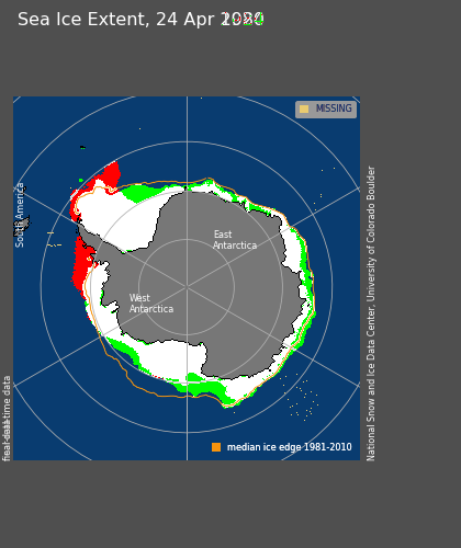 TonyClimate's tweet photo. Green shows where there is more ice than 1980.  Red shows where there is less ice than 1980.  #ClimateScam https://t.co/l7lR5iJ5Zm
