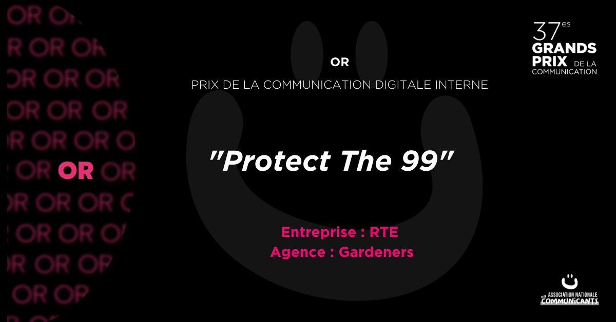 Dans la catégorie Prix de la communication digitale interne, l'or est remporté par <a href="/rte_france/">RTE</a> et l'agence <a href="/AgenceGardeners/">Agence Gardeners</a> pour leur campagne "Protect The 99"
Un grand bravo aux équipes ! 
#GP2024