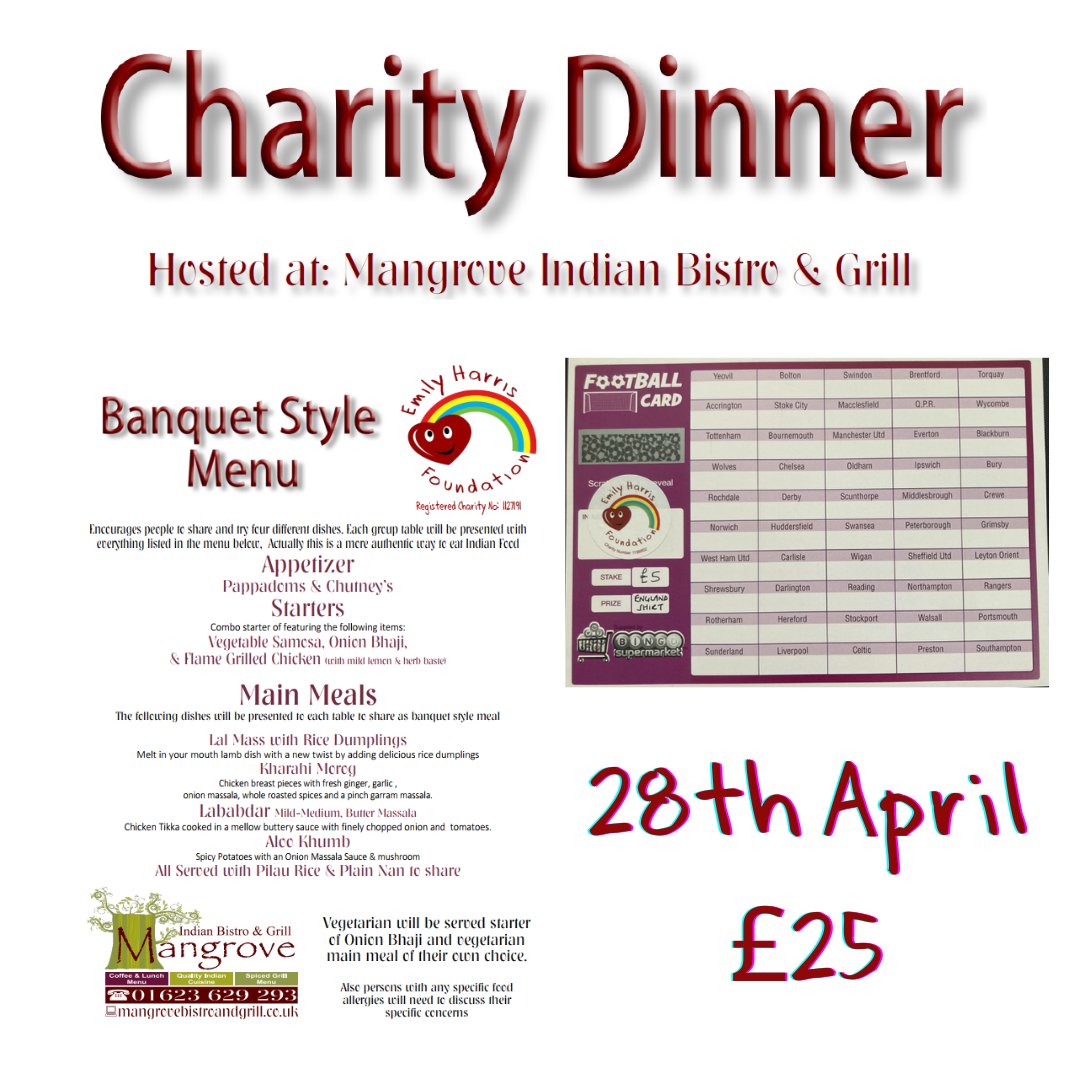 A final reminder to buy your tickets for our Curry Night on Sunday night before we confirm numbers and dietary requirements with the Mangrove! We also have a few teams left on the Football Card which will be completed and the winner revealed at the Curry Night! #CurryNight