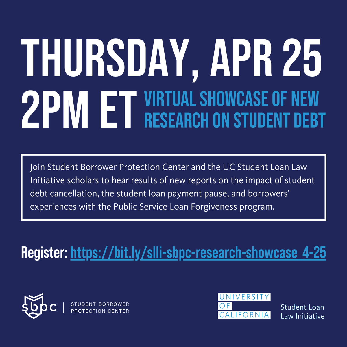 ⏰STARTING SOON: Our next research showcase with @UC_SLLI! Ft: 📑@Dcollier74 sharing new findings on the impact of Public Service Loan Forgiveness; & 📑Adam Goldstein sharing new research done with & @CharlieEatonPhD on Income-Driven Repayment. Watch: bit.ly/slli-research