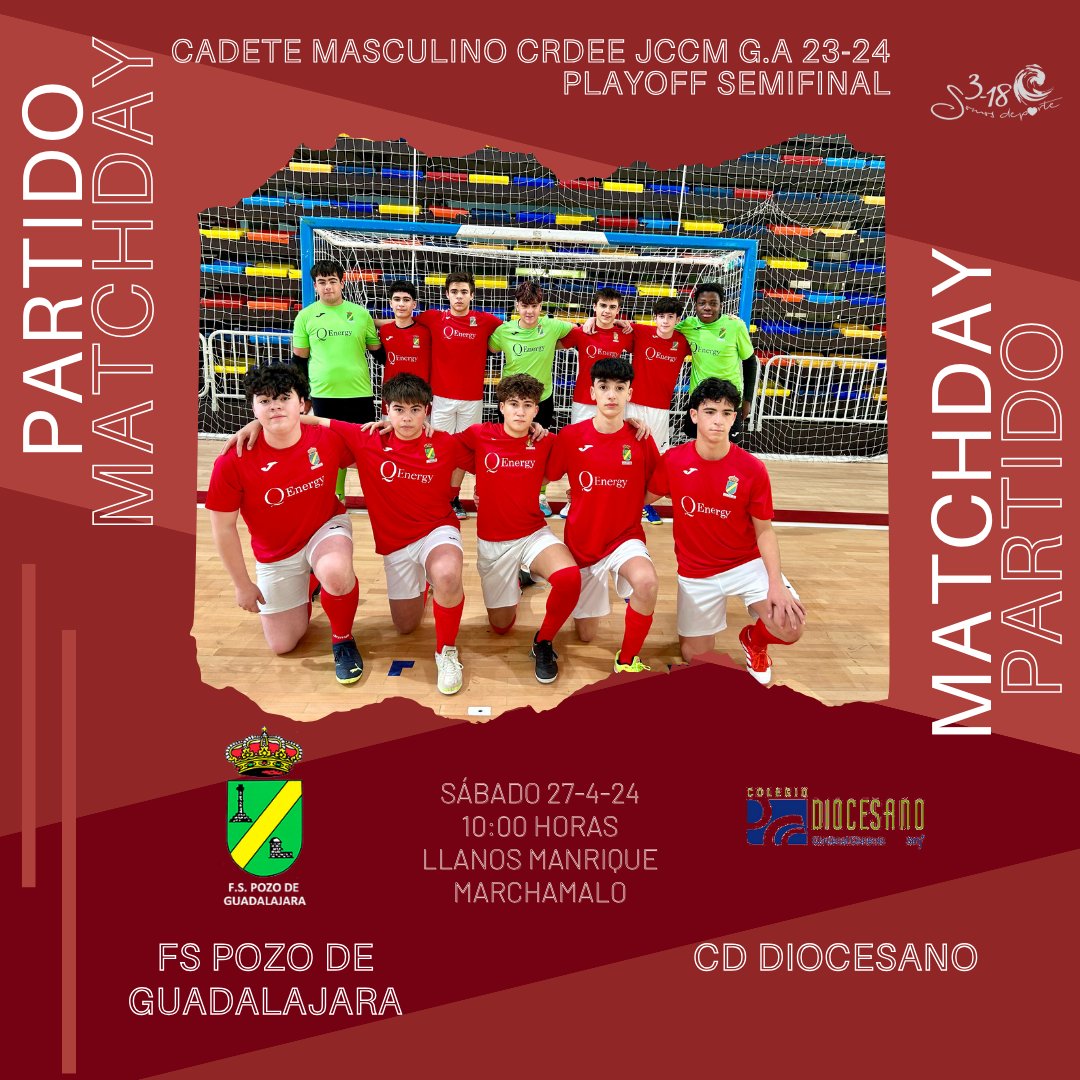 Playoff Semifinal CRDEE JCCM Cadete Masculino Provincial:
⠀⠀⠀⠀⠀⠀⠀⠀⠀⠀⠀⠀⠀
📅 Sábado 27 de abril
⏱ 10,00 h.
⚽ FS Pozo de Gu. - CD Diocesano
🏟 Llanos Manrique (Marchamalo)

Después 3º/4º puesto a las 12,00 h. o final a las 13,00 h.
⠀⠀⠀⠀⠀⠀⠀⠀⠀⠀⠀⠀⠀
#123pozo