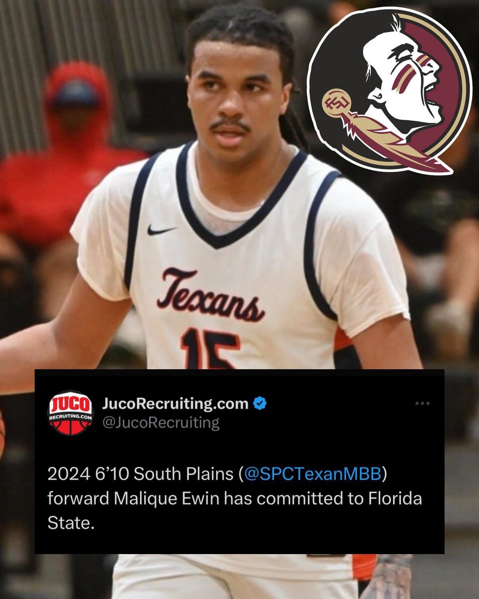 ICYMI: B🔴🟡M: 2024 JUCO Forward @MaliqueEwin Has Officially Committed To #FSU.🔥🍢 The 6’10 220lbs Lilburn, Georgia Native From South Plains Junior College Is Rated As The No.1 Overall Player In The 2024 JUCO Rankings. Welcome To The Tribe🍢🍢🍢 #GoNoles #Tribe24 #NewBloods