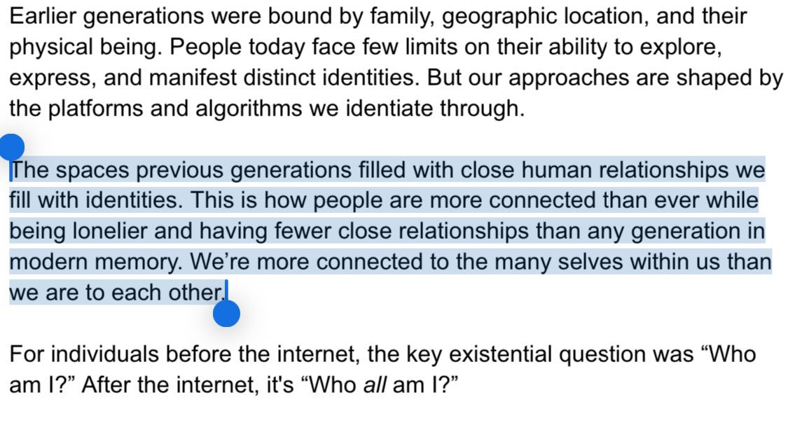 not alone in loneliness 

“people are more connected than ever while being lonelier and having fewer close relationships than any generation in modern memory” @ystrickler @metalabel_