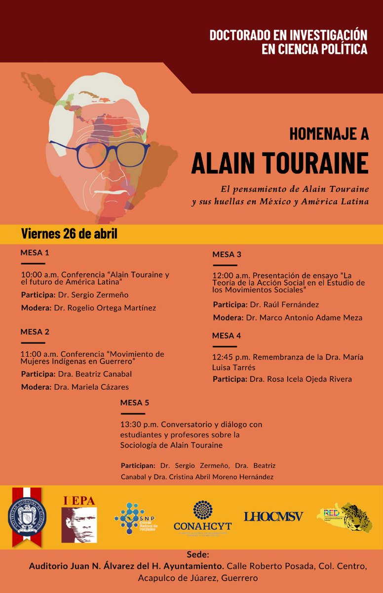 El @IIEPA_IMA de la @UAGro_MX te invita al homenaje 'El pensamiento de Alain Touraine y sus huellas en México y América Latina' que se realizará este viernes 26 de abril a las 10 de la mañana, en el auditorio Juan N. Álvarez. ¡No te lo pierdas!

#ElFuturoEsAhora