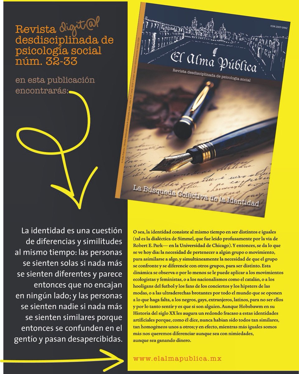 📚Nuevo ejemplar | núm. 32-33
🖋️La Búsqueda Colectiva de la Identidad

👉🏼Disponible en: elalmapublica.mx

#revistadigital #elalmapública #psicologiasocial