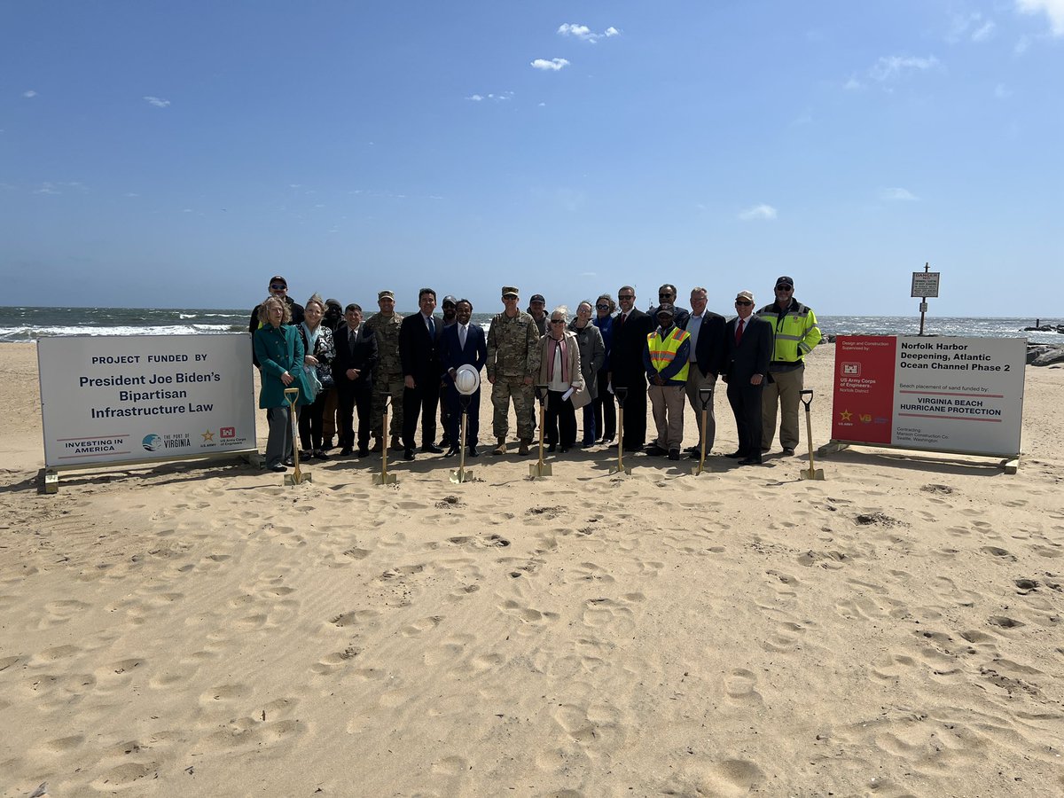 Breaking ground on the last phase of the Norfolk Harbor deepening with @norfolkdistrict today! This project will make the @PortofVirginia the deepest on the East Coast, supporting the economy & national security. Also, using dredged sand to protect coastal communities: a win-win!