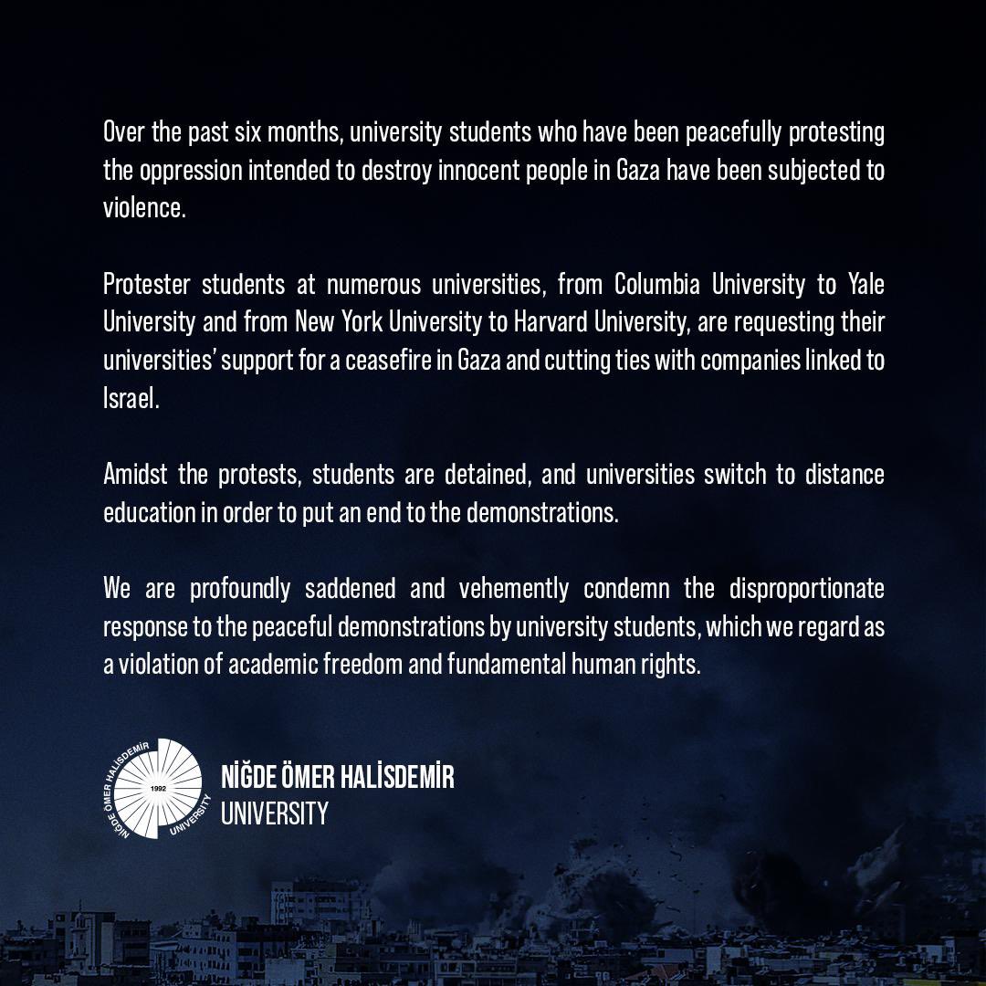 Gazze'deki insanlık dramını barışçıl bir şekilde protesto eden öğrencilere yönelik şiddeti kınıyoruz! 🇹🇷🇵🇸 @DrHasanUslu #NÖHÜ | #Niğde @Yale @Columbia @nyuniversity @Harvard