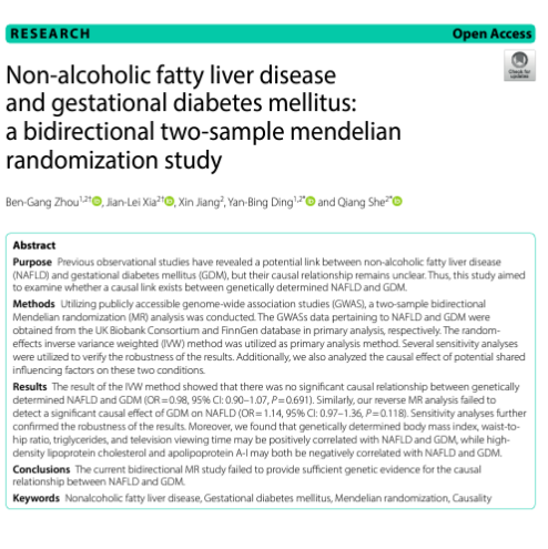 There is no significant causal relationship between genetically determined #MASLD and gestational diabetes. bmcendocrdisord.biomedcentral.com/articles/10.11…