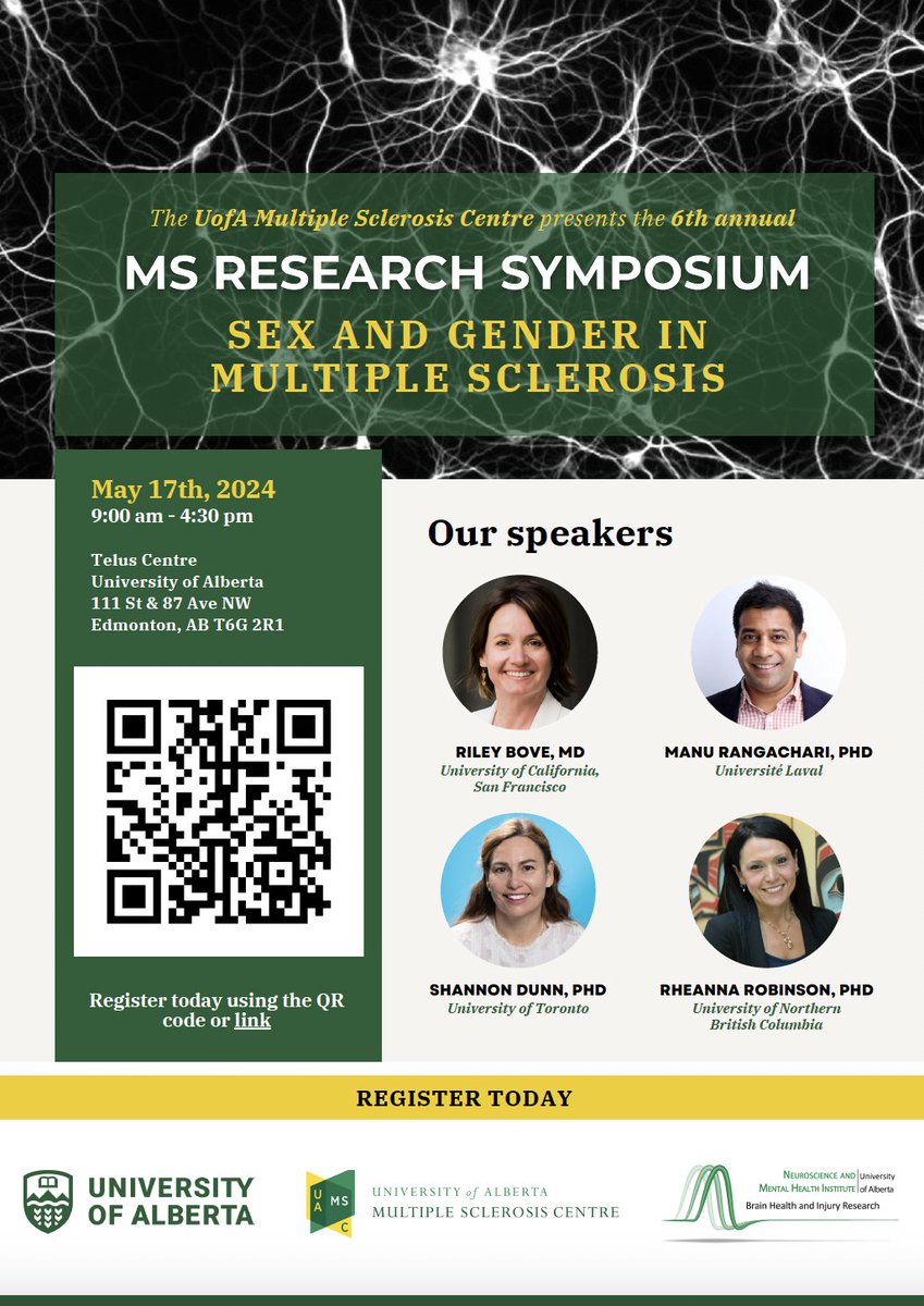 UAlberta MS Centre (@yegms) on Twitter photo Reminder: register now for the UofA MS Research Symposium on Friday May 17th at the TELUS (TEL) building on main campus. We are so excited to welcome you all!
Register here: forms.gle/57Js4QGTUmMxkR…
<a href="/NMHI_UofA/">Neuroscience & Mental Health Institute - U of A</a>
<a href="/UAlberta_FoMD/">UAlberta Med & Dent</a> Reminder: register now for the UofA MS Research Symposium on Friday May 17th at the TELUS (TEL) building on main campus. We are so excited to welcome you all!
Register here: forms.gle/57Js4QGTUmMxkR…
<a href="/NMHI_UofA/">Neuroscience & Mental Health Institute - U of A</a>
<a href="/UAlberta_FoMD/">UAlberta Med & Dent</a>