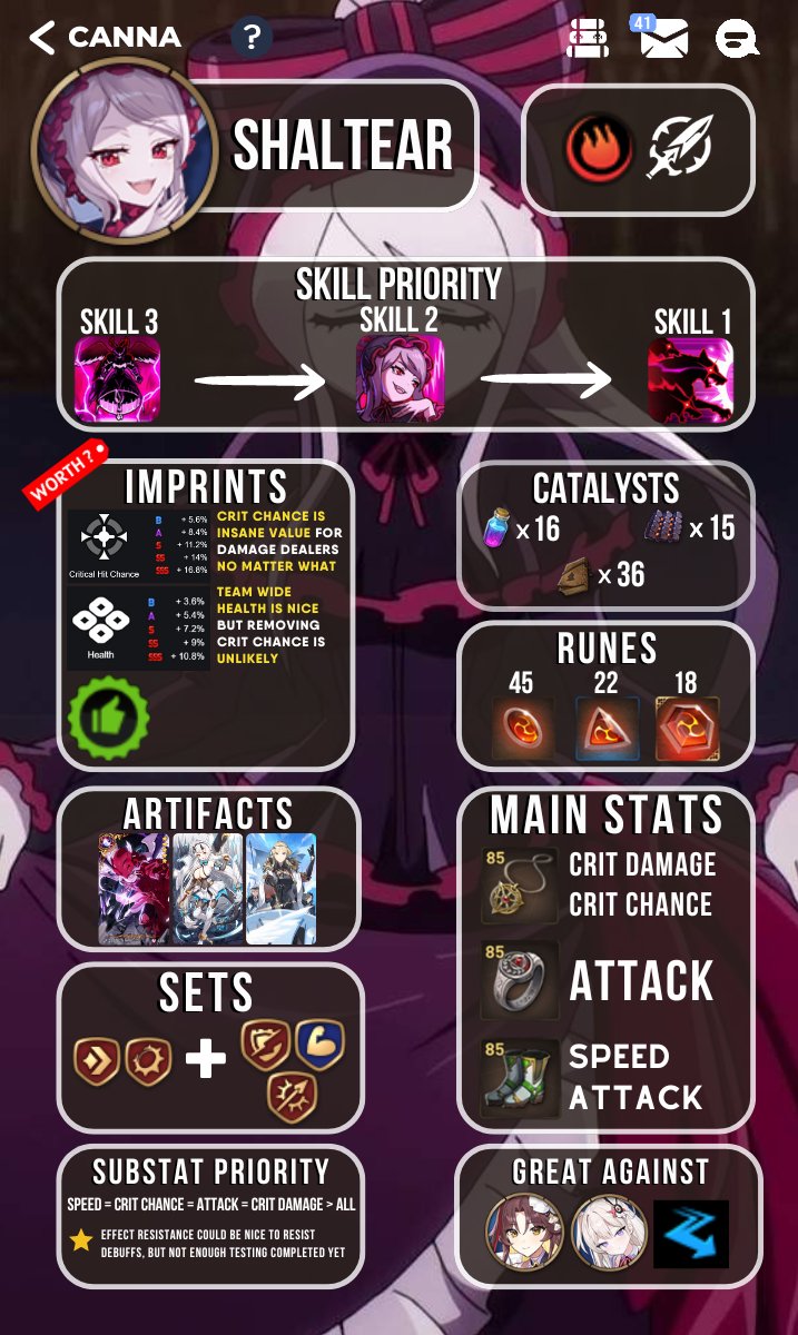 🦇🦇🦇🦇
hello everyone! today i have a shaltear post for those of you curious about how to play or build her! as always, there are several builds but heres what i found that works!

#EpicSeven #Guide #Overlord #Shaltear #Collab