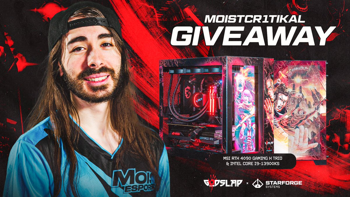 $5,200 RTX 4090 Gaming PC Giveaway To enter, perform these tasks via the link below: 🔁 Retweet + Like ✅ Follow @MoistCr1TiKaL @StarforgePCs @VastGG Enter Here: vast.link/Moist