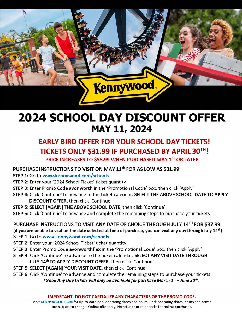 Avonworth School District's 2024 Kennywood Day is May 11. There is an early bird ticket offer available for Avonworth School District community members now through April 30th. To purchase Kennywood tickets at a discounted price, follow the steps on the flyer.