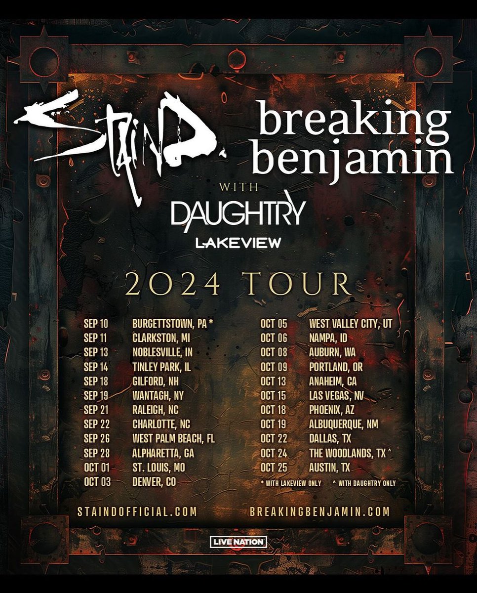 Don't miss it! Get Tickets and VIP at StaindOfficial.com/tour🤘#Staind #Tour #OnTour #JustAnnounced