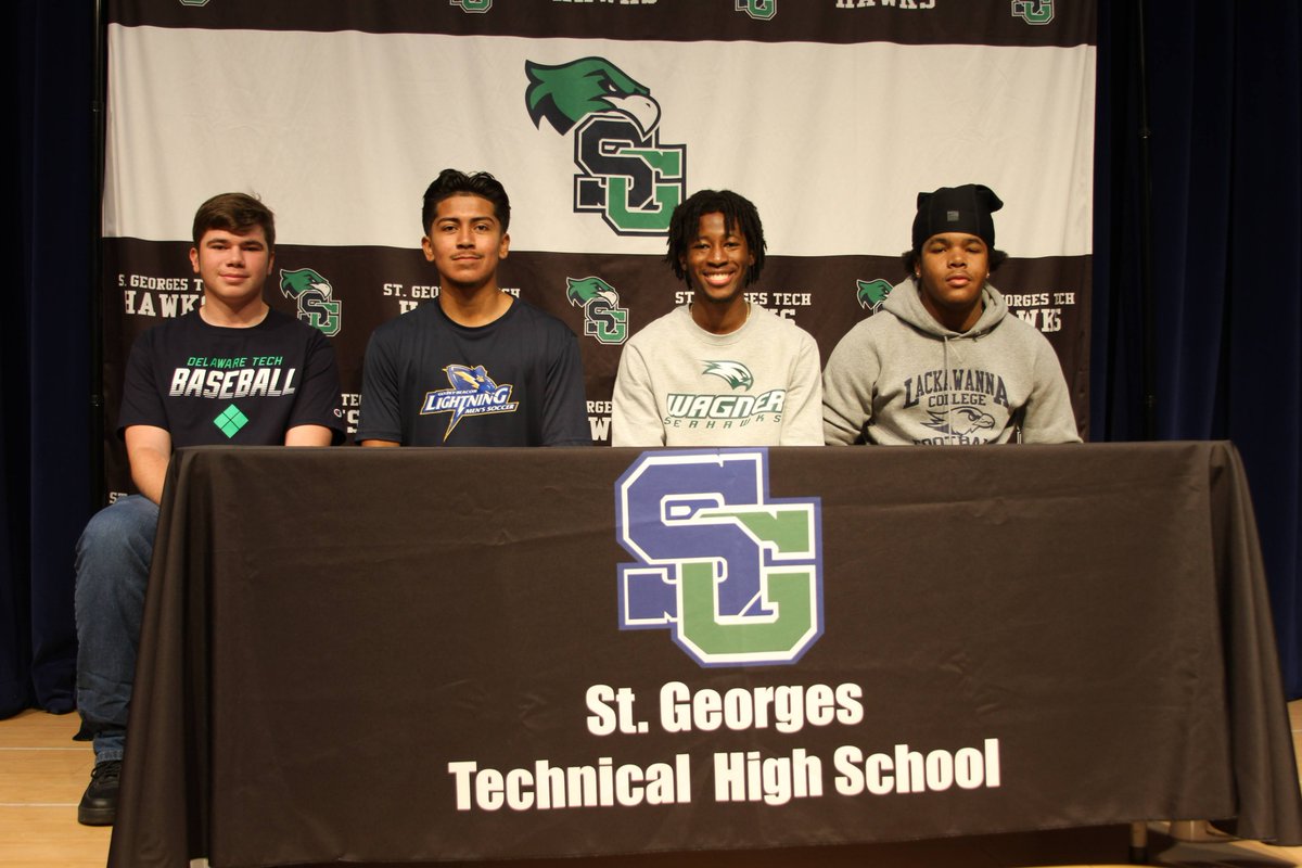 Congratulations to our St. Georges Hawks who have made the commitment to play at the next level. Trevor Henry, Baseball, DelTech; Eduardo Gonzalez, Soccer, Goldey Beacom; David Akinola, Track and Field, Wagner; and Camron Montgomery, Football, Lackawana College @nccvtsd @HawksSG