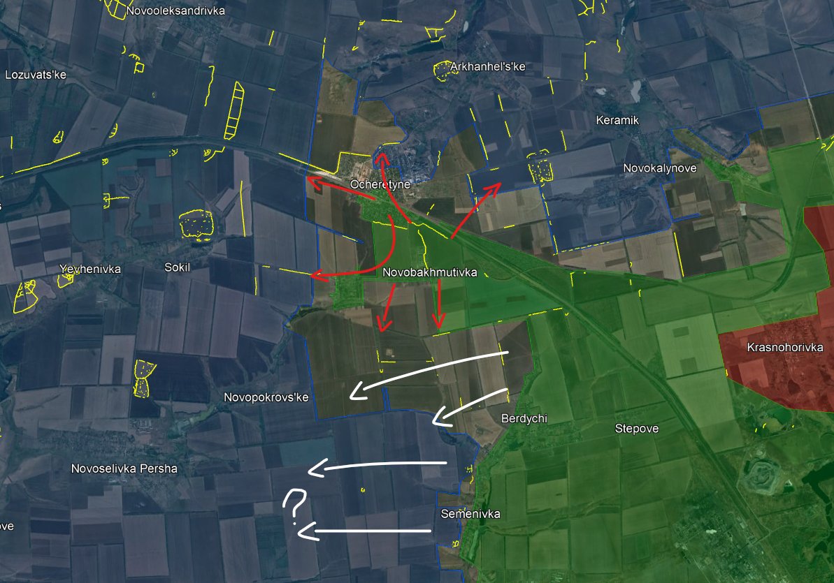 L'armée Russe 🇷🇺 a percé le front, les forces Ukrainiennes 🇺🇦 tentent de limiter les dégâts.

Après la capture d'une bonne partie d'#Ocheretyne, ce sont deux autres villages plus au sud qui semblent avoir été abandonnés.

L'armée Ukrainienne bat en retraite plus au sud⬇️1/12