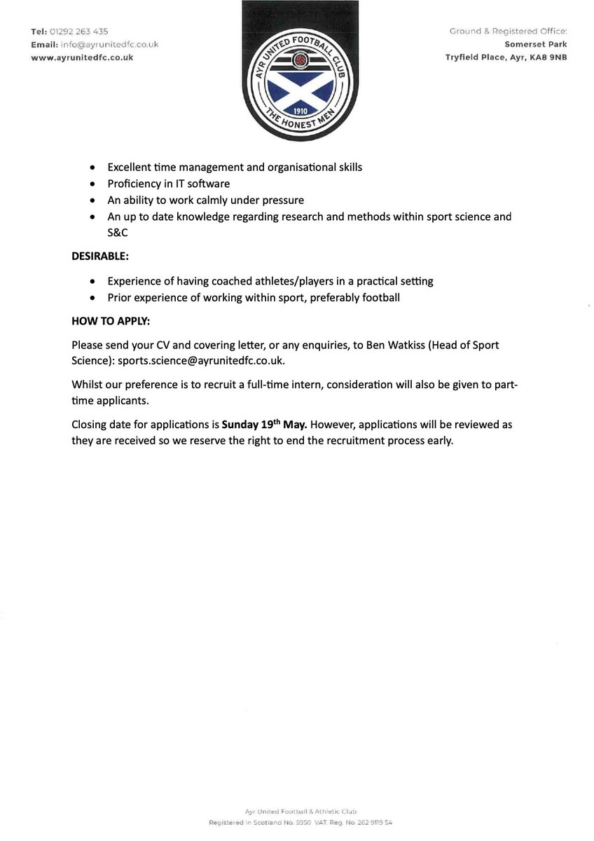 We're looking to offer a sport science/strength &amp; conditioning internship for the 2024/25 season. This would offer a great opportunity for somebody looking for a career in professional football to gain experience in a hands-on role.
Any questions, please drop me a message.