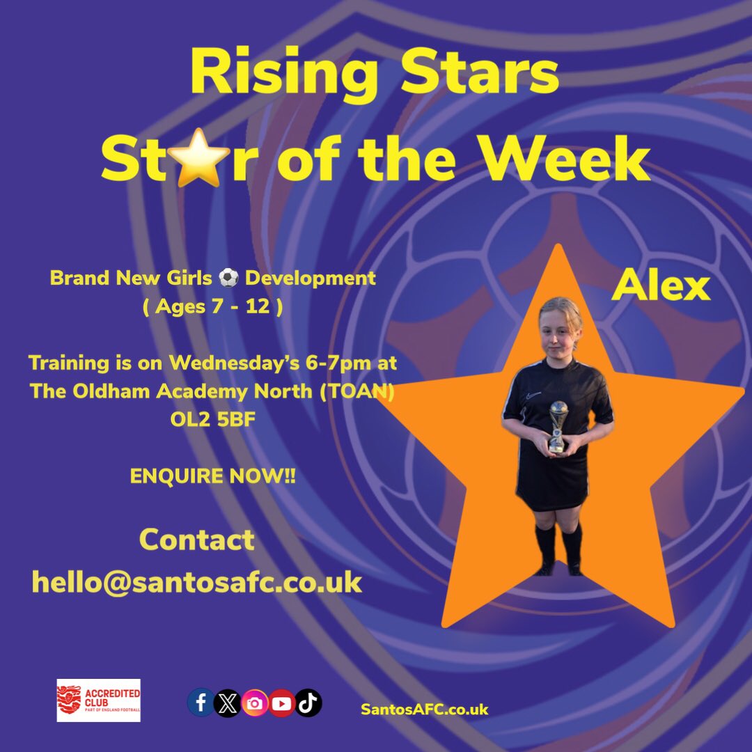 🏆 Star of the Week 🏆
 
#risingstars - Alex

Keep up the good work 🏆

⚽️If you have a daughter who wants to learn football at a family friendly club please contact us via messenger or hello@santosafc.co.uk ⚽️

⚽️👧⚽️👱‍♀️ ⚽️👧⚽️👱‍♀️ ⚽️👧⚽️👱‍♀️ 

#SantosAFC #SantosYouth #risingstars