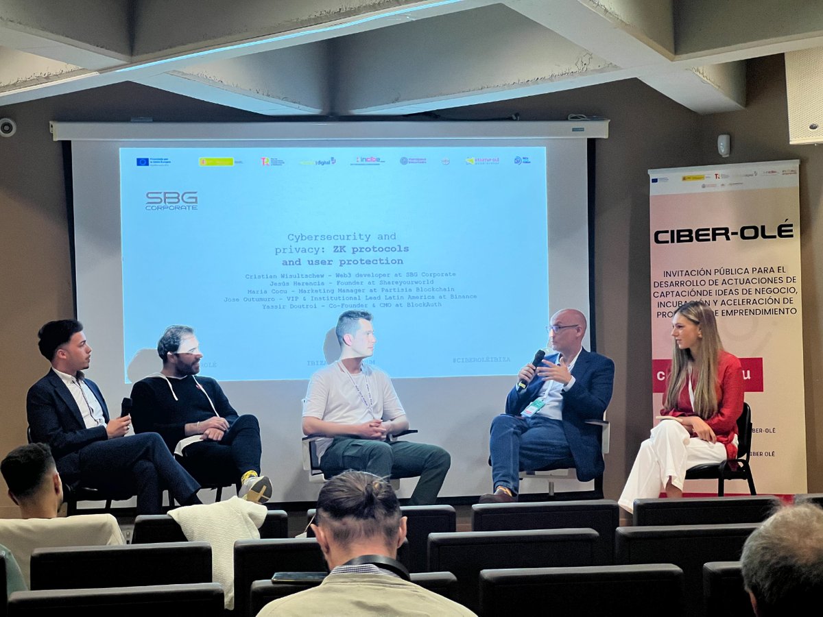 'Cybersecurity and Privacy: ZK Protocols and User Protection' with Cristian Wisultschew SBG Corporate, @chechuch1976 from Shareyourworld, @maria_cocu de @partisiampc, Jose Outmuro from @binance and @Yassir_doutroi Co-Founder & CMO at @BlockAuth @ibiza_travel #ibizatechforum