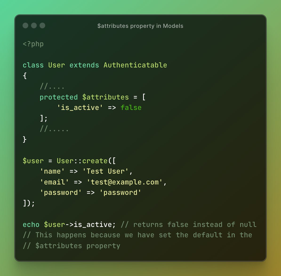 Hey Laravel Developers 👩‍💻

Models in Laravel are hydrated as and when we set attributes on them.

But sometimes we might want some attributes to be set on the model by default, in case they are not provided by the developer.

In that case, we can override the $attributes…