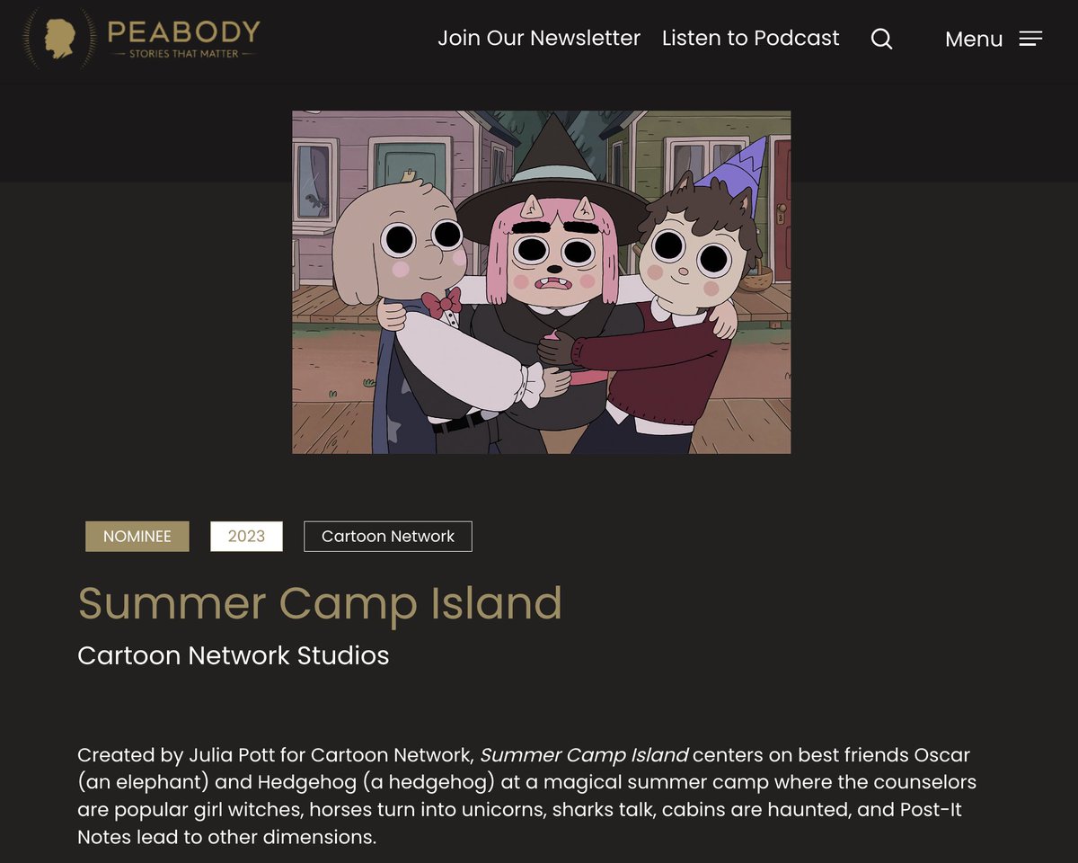 Julia Pott (@juliapott) on Twitter photo Summer Camp Island is nominated for a Peabody Award!!!! Could not be more honoured, was bouncing around my house all morning. This is all thanks to our incredible crew of thoughtful brilliant hilarious artists who I miss every day. <a href="/PeabodyAwards/">Peabody Awards</a>
peabodyawards.com/award-profile/… Summer Camp Island is nominated for a Peabody Award!!!! Could not be more honoured, was bouncing around my house all morning. This is all thanks to our incredible crew of thoughtful brilliant hilarious artists who I miss every day. <a href="/PeabodyAwards/">Peabody Awards</a>
peabodyawards.com/award-profile/…