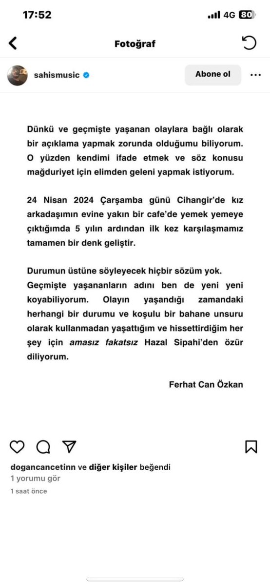 Fail Ferhat Can Özkan Instagram’da şöyle bir paylaşımda bulunmuş. Tabii kendisi pek çok kişinin olduğu gibi benim de stalker’ım olduğundan bende engelli. Bunu ifşamda da yazmıştım. Şimdi bu özrü neden kabul etmediğimi açıklayacağım.