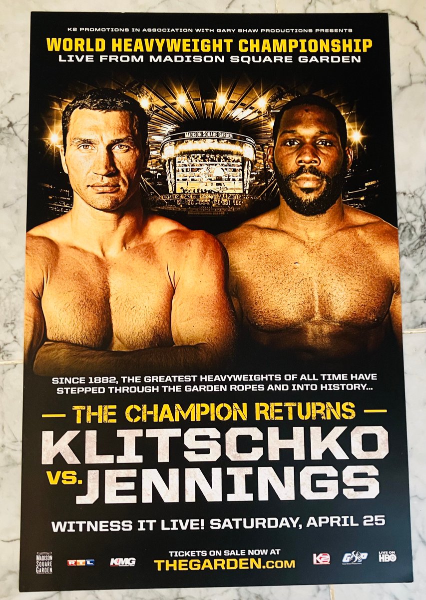 Scarce site poster in my #boxing collection from when Wladimir @Klitschko returned to US for W12 vs unbeaten Bryant Jennings to retain the heavyweight title for 18th consecutive time in what would be the final win of his HOF career in a bout I was ringside for -- 9 yrs ago today.