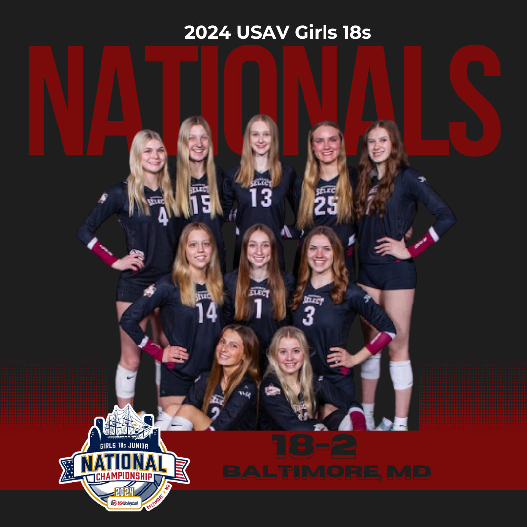 USAV Nationals and final tournament for our 18-1s and 18-2s this weekend! 
Good luck and finish strong at the 2024 Girls 18s Junior National Championship! 

Go Select!