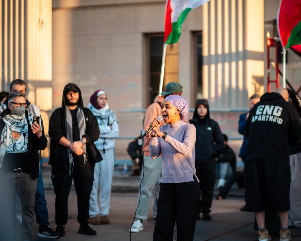 Pictured is U.S. Rep. Ilhan Omar (DFL) of Minnesota’s Fifth District defending students’ rights to free speech and demonstration outside Coffman Memorial Union on Tuesday, April 23rd, expressing solidarity with nationwide protests. 📸: @d4ye_st4ger⁠