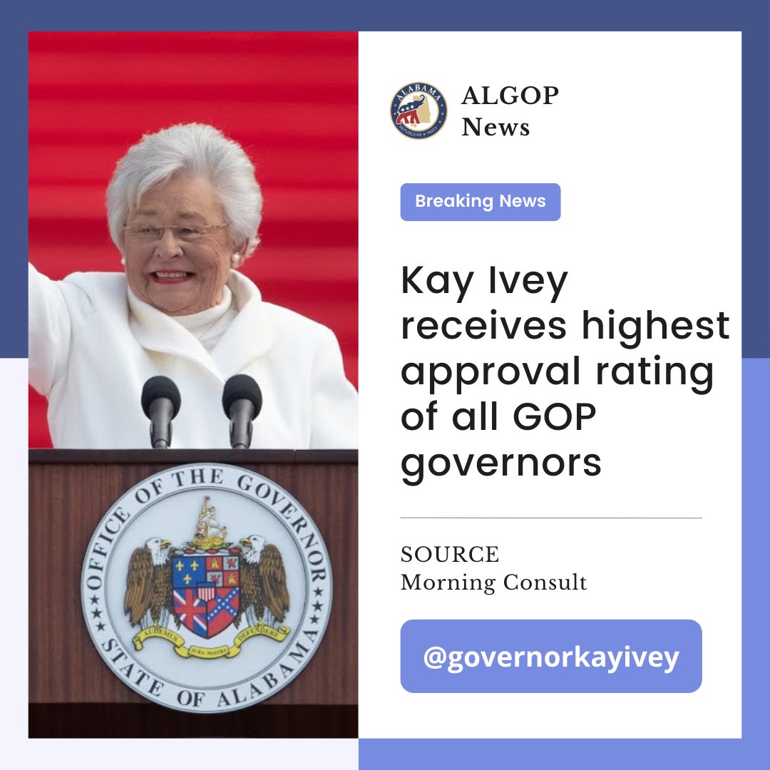 Hats off to @GovernorKayIvey for clinching the top spot among all Republican governors nationwide in the recent Morning Consult poll. Your leadership and dedication to serving Alabama have clearly made an impact. Keep up the great work, Governor Ivey! #AlabamaPride