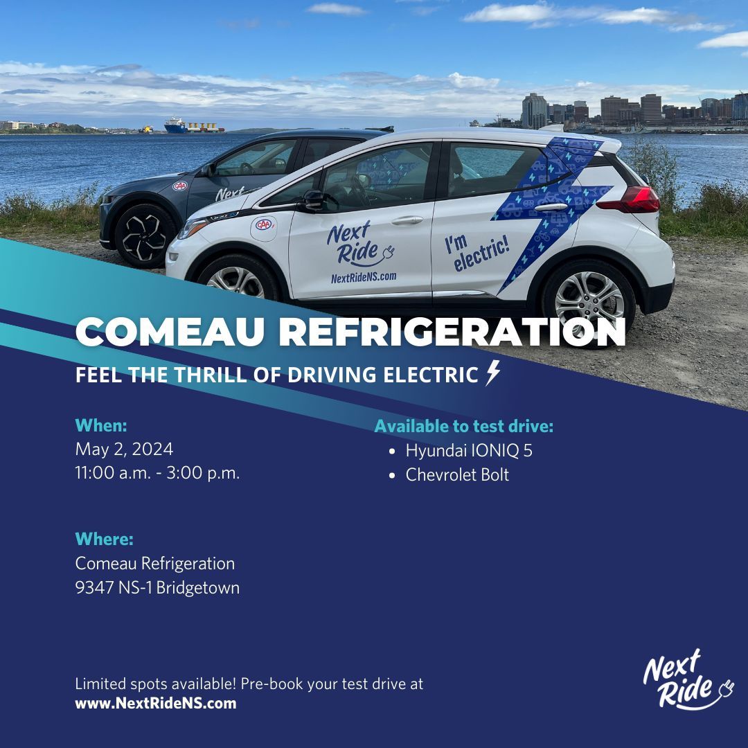 Join us in celebrating Comeau Refrigeration's Net Zero transition! Learn about their fleet electrification and test drive an electric vehicle. Book now at Next Ride:
nextridens.com

#NetZero #Sustainability #NextRide #TestDrive #EV