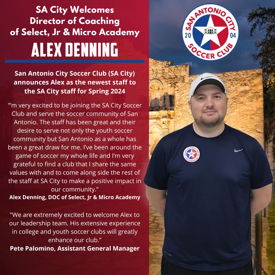 Thrilled to welcome Alex Denning as our new Director of Coaching at Select, Jr & Micro Academy! With his expertise in college and youth soccer, Alex is set to make a big impact. Congrats, Alex! 🎉 #BuildingTheCITY #SACityProud 🔵🔴