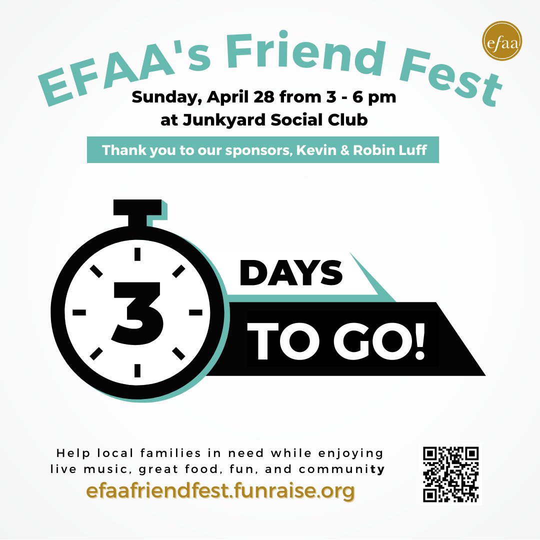 Only three days to go until the BIG DAY! The second annual Friend Fest is shaping up to be a blast. It’s not too late to get tickets – and help power EFAA’s work in our community! 💃🕺 efaafriendfest.funraise.org
