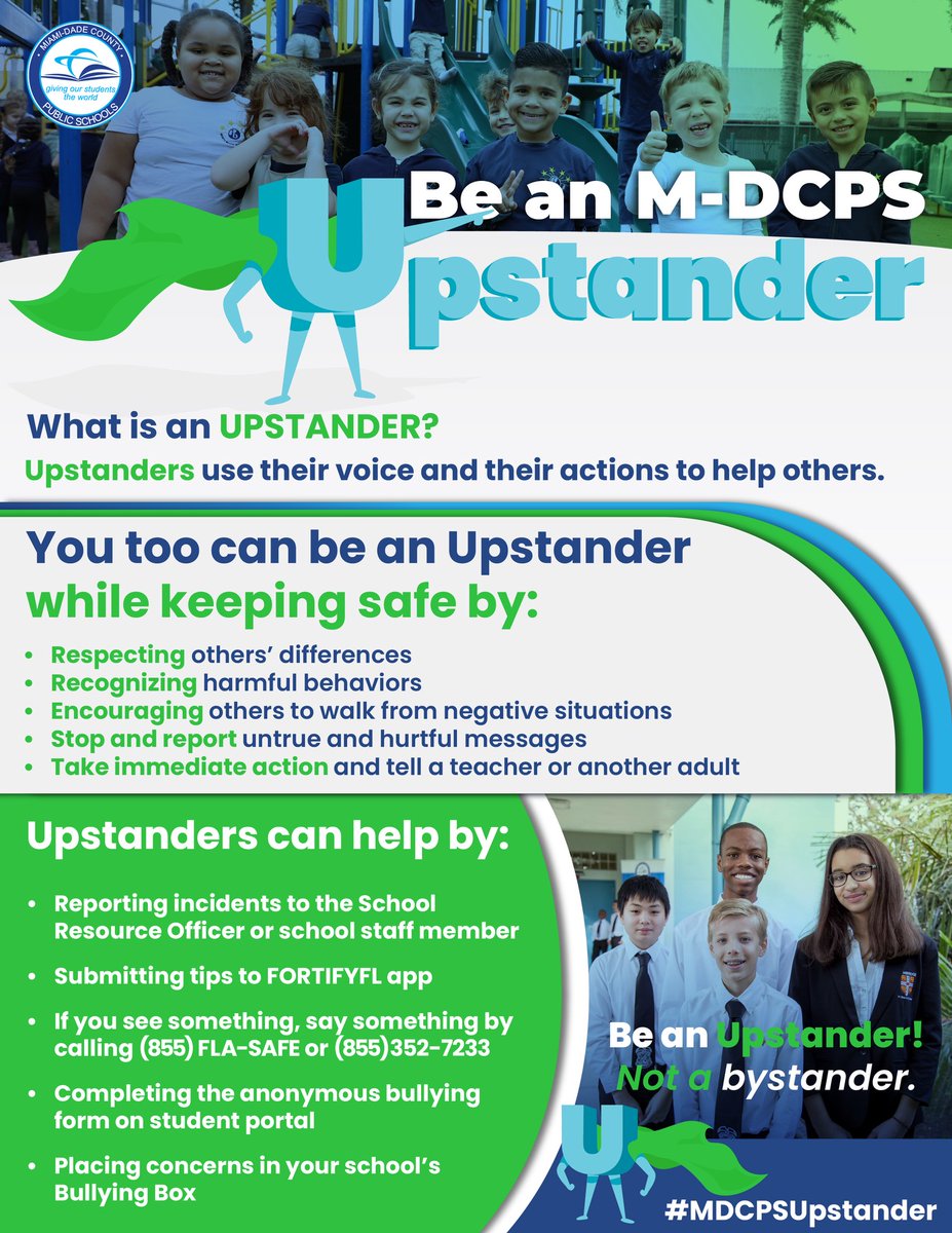 As safety and well-being remain priority, we are proud of those students who are taking part in the #MDCPSUpstander Initiative. You too can be an @MDCPS Upstander by supporting a positive & safe learning environment. #YourBestChoiceMDCPS