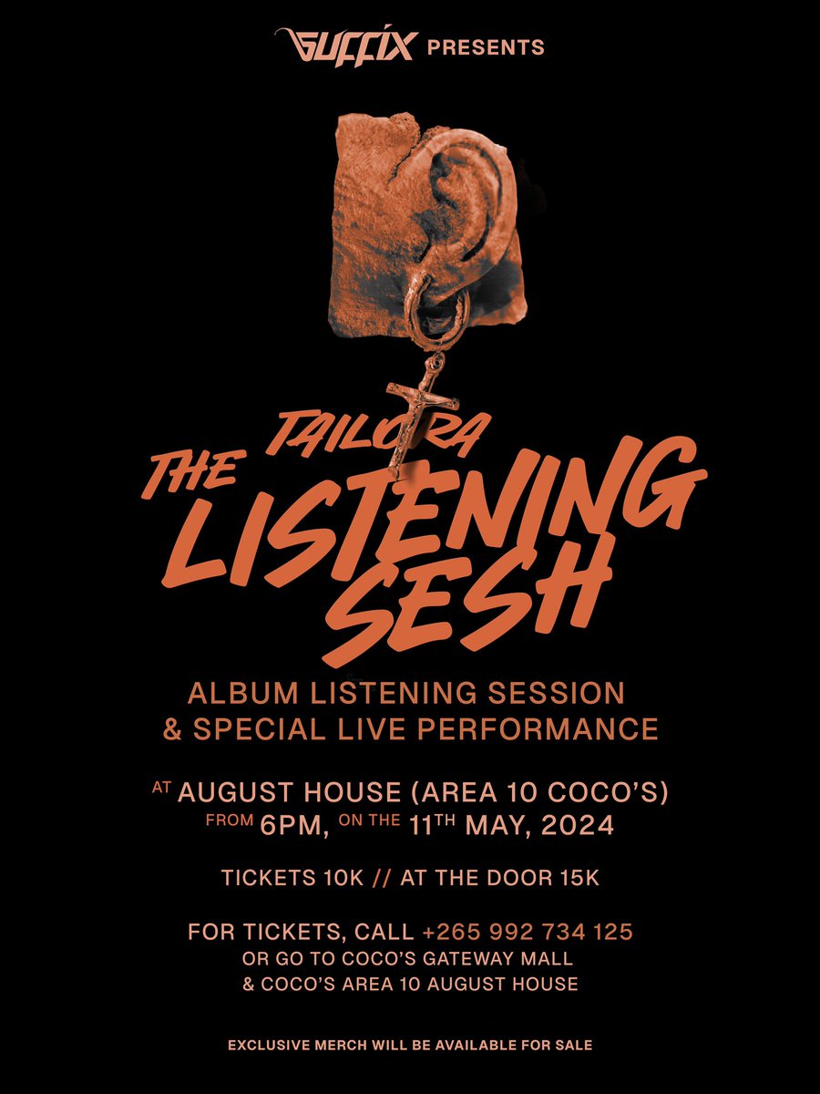 TAILORA Album Listening Session on May 11th at Coco’s August House, Area 10. Be the 1st one to listen to this Masterpiece. Ticket details on the poster