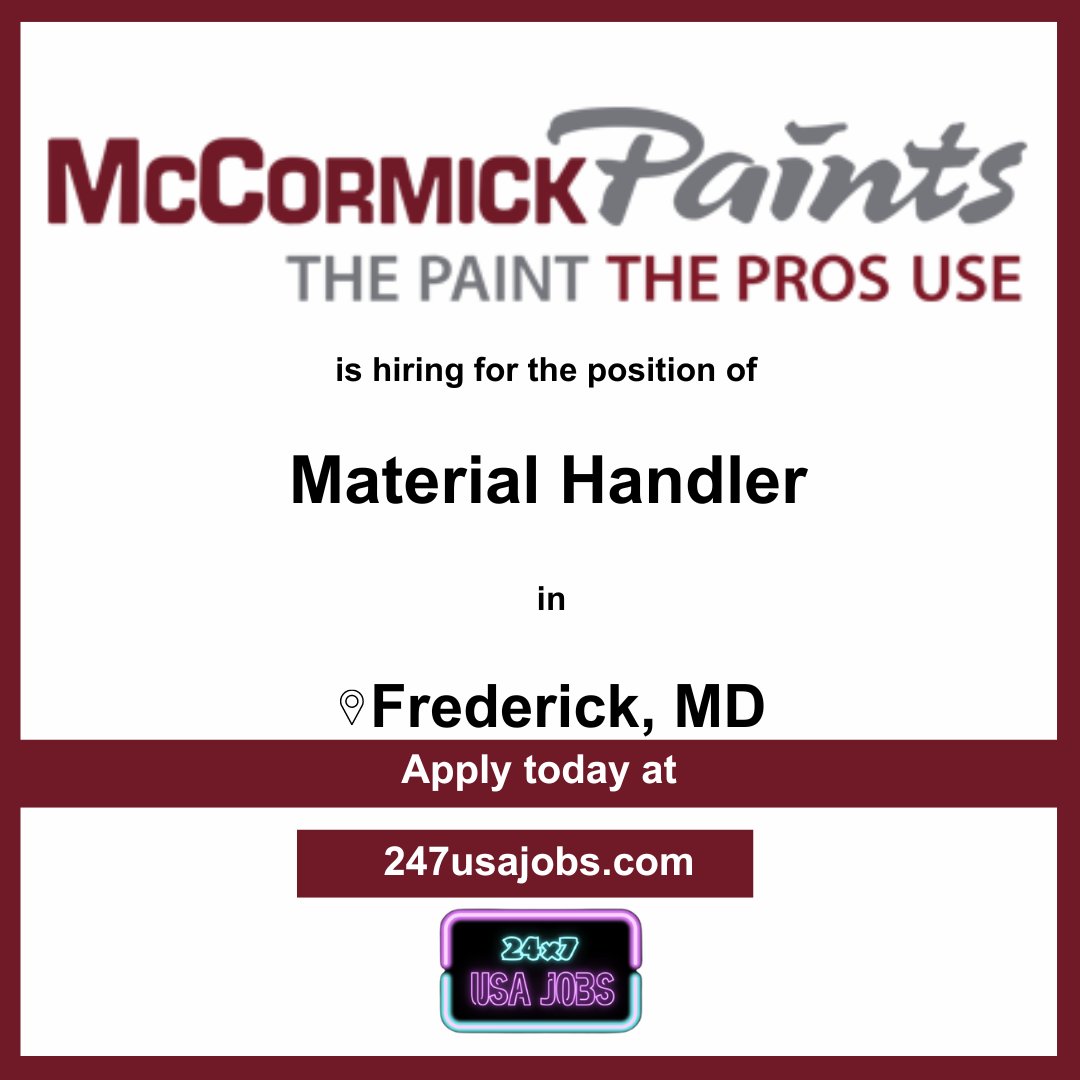 🎨 Want to be part of a leading paint manufacturer? McCormick Paints is seeking Material Handlers in Frederick, MD! 🖌️ If you're reliable and ready to work in a dynamic environment, apply now! #McCormickPaints #MaterialHandler #FrederickMD