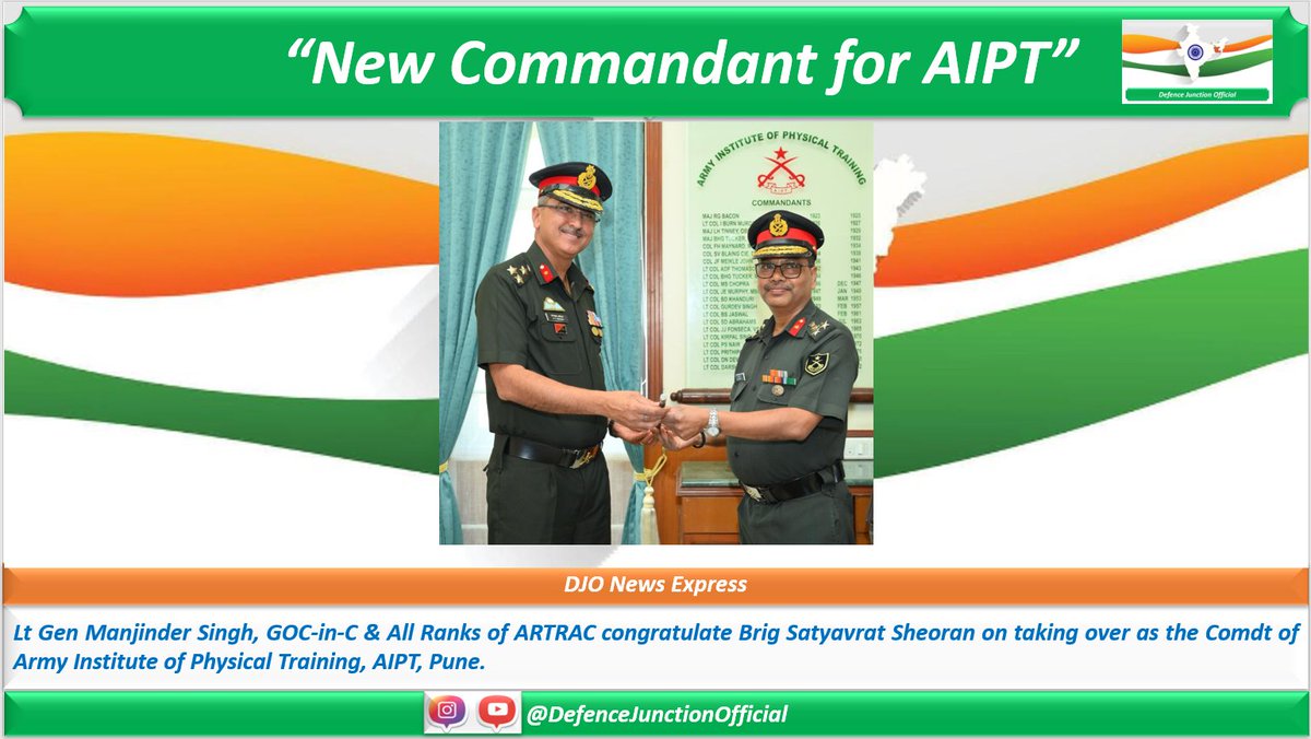 New Commandant for AIPT

Lt Gen Manjinder Singh, GOC-in-C & All Ranks of ARTRAC congratulate Brigadier Satyavrat Sheoran on taking over as the Commandant of the Army Institute of Physical Training - AIPT Pune.