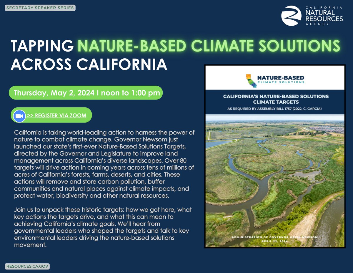 Learn more about CA's Nature-Based Solutions Targets (bit.ly/3vZQWV5) during next week's Secretary Speaker Series, "Tapping Nature-Based Solutions Across CA" Register to join: ca-water-gov.zoom.us/webinar/regist… #ClimateAction