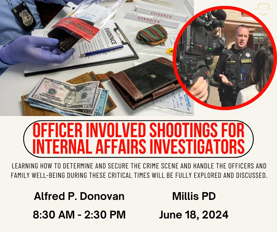 Officer Involved Shootings for Internal Affairs Investigators 
Click the link below to read more!
mpitraining.com/events/officer…
#police #policetraining #lawenforcement #lawenforcementtraining #mpi #leadership #massachusetts #internalaffairs #officersinvolved #investigators #training
