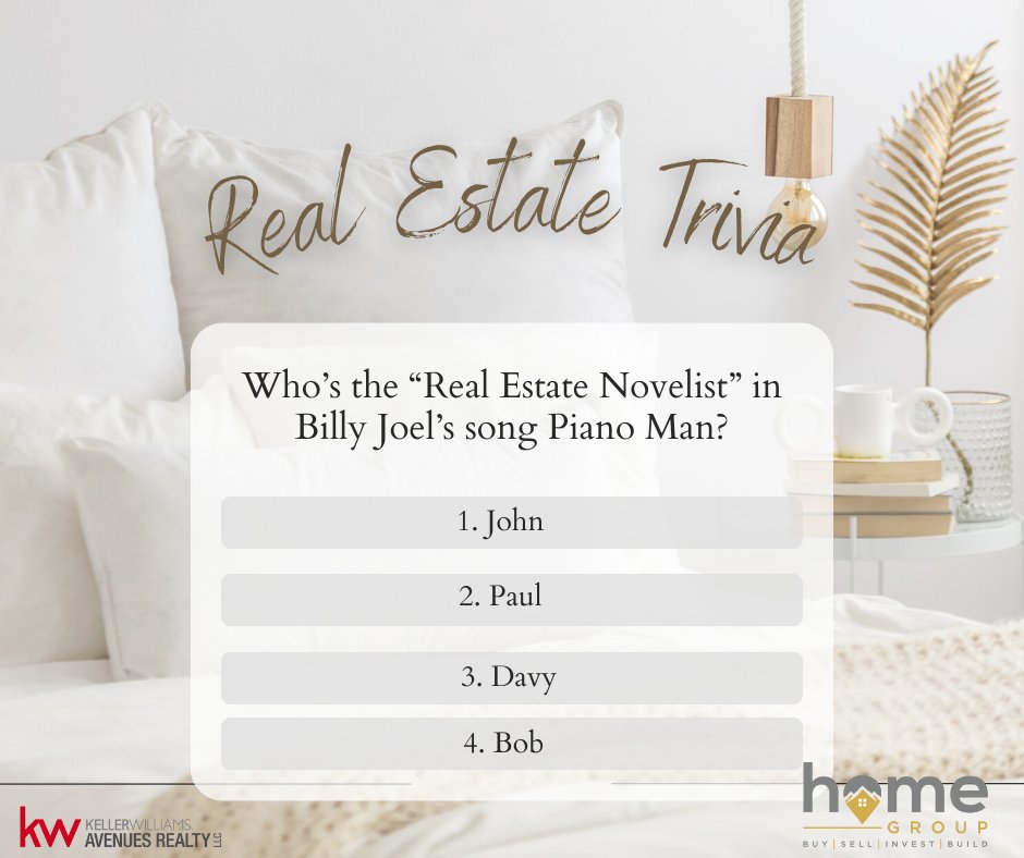 Trivia Thursday . . .

Who's the 'Real Estate Novelist' in Billy Joel's Piano Man song?

Comment with your answer 

Check back later for the answer!

#homegroup #sellingdenver #triviathursday #coloradorealtor #yournexthome